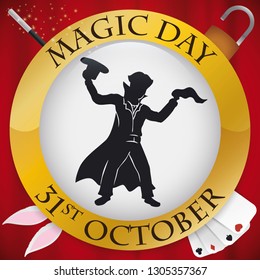 Button with magician silhouette ready to perform some magical spectacles during Magic Day: fabrics and bunny from a top hat, playing card tricks, escape of padlocks and more illusions with magic wand.