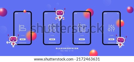 Button menu line icon. Arrows, tiles, align, shapes, list, sorting, charts, Navigation Icons for Mobile App and User Interface. Applications concept. Glassmorphism. UI phone app screen with robot