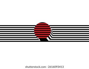 Button. Modern vector pattern of black broken lines converging to the center in a red circle. Design element. Vector background. Optical. effect op art. logo Border for advertising, packaging, announc