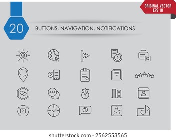 Button navigation and notification icon pack set on a white background