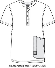 Button Neck Shirt. Mockup With Pocket.