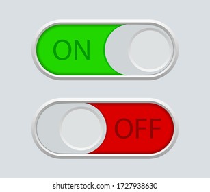 Button off switch and enable. Icon of toggle in phone. Circle switcher for active, deactivate in app, mobile, interface, website. User symbols for navigation in ui. Green-on, red-off indicator. Vector