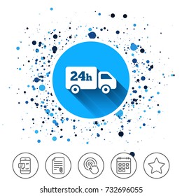 Button on circles background. 24 hours delivery service. Cargo truck symbol. Calendar line icon. And more line signs. Random circles. Editable stroke. Vector