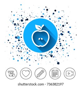 Button on circles background. Apple sign icon. Fruit with leaf symbol. Calendar line icon. And more line signs. Random circles. Editable stroke. Vector