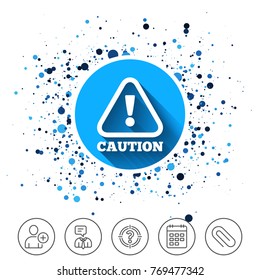 Button on circles background. Attention caution sign icon. Exclamation mark. Hazard warning symbol. Calendar line icon. And more line signs. Random circles. Editable stroke. Vector