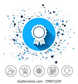 Button on circles background. Award medal icon. Best guarantee symbol. Winner achievement sign. Calendar line icon. And more line signs. Random circles. Editable stroke. Vector