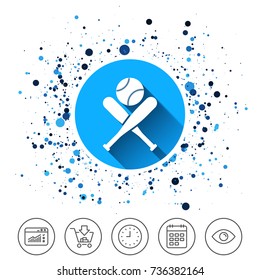 Button on circles background. Baseball bats and ball sign icon. Sport hit equipment symbol. Calendar line icon. And more line signs. Random circles. Editable stroke. Vector