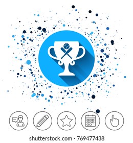 Button on circles background. Baseball bats and ball sign icon. Sport hit equipment symbol. Winner award cup. Calendar line icon. And more line signs. Random circles. Editable stroke. Vector