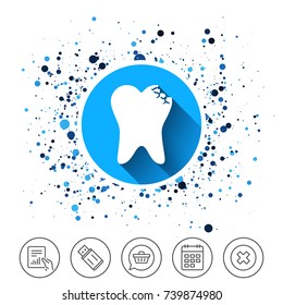 Button on circles background. Broken tooth icon. Dental care sign symbol. Calendar line icon. And more line signs. Random circles. Editable stroke. Vector