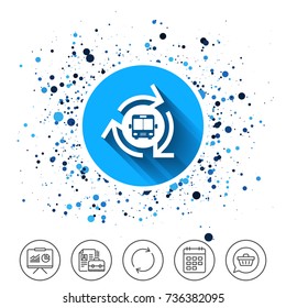 Button on circles background. Bus shuttle icon. Public transport stop symbol. Calendar line icon. And more line signs. Random circles. Editable stroke. Vector