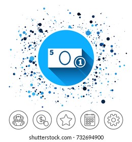 Button on circles background. Cash sign icon. Money symbol. Coin and paper money. Calendar line icon. And more line signs. Random circles. Editable stroke. Vector