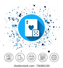 Button on circles background. Casino sign icon. Playing card with dice symbol. Calendar line icon. And more line signs. Random circles. Editable stroke. Vector