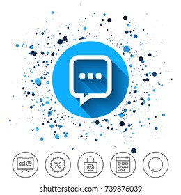 Button on circles background. Chat sign icon. Speech bubble with three dots symbol. Communication chat bubble. Calendar line icon. And more line signs. Random circles. Editable stroke. Vector