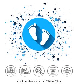Button on circles background. Child pair of footprint sign icon. Toddler barefoot symbol. Baby's first steps. Calendar line icon. And more line signs. Random circles. Editable stroke. Vector