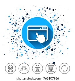 Button on circles background. Click page icon. Browser window symbol. Website or internet sign. Calendar line icon. And more line signs. Random circles. Editable stroke. Vector