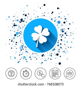 Button on circles background. Clover with four leaves sign icon. Saint Patrick symbol. Calendar line icon. And more line signs. Random circles. Editable stroke. Vector