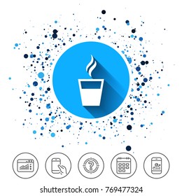 Button on circles background. Coffee glass sign icon. Hot coffee button. Hot tea drink with steam. Takeaway. Calendar line icon. And more line signs. Random circles. Editable stroke. Vector