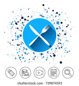 Button on circles background. Eat sign icon. Cutlery symbol. Fork and knife crosswise. Calendar line icon. And more line signs. Random circles. Editable stroke. Vector
