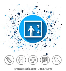 Button on circles background. Elevator sign icon. Person symbol with up and down arrows. Calendar line icon. And more line signs. Random circles. Editable stroke. Vector