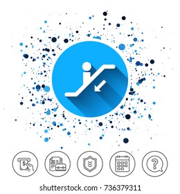 Button on circles background. Escalator staircase icon. Elevator moving stairs down symbol. Calendar line icon. And more line signs. Random circles. Editable stroke. Vector