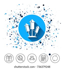 Button on circles background. Fireworks rockets sign icon. Explosive pyrotechnic device symbol. Calendar line icon. And more line signs. Random circles. Editable stroke. Vector
