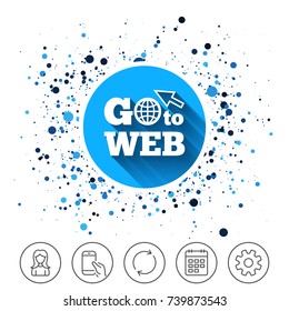 Button on circles background. Go to Web icon. Globe with mouse cursor sign. Internet access symbol. Calendar line icon. And more line signs. Random circles. Editable stroke. Vector
