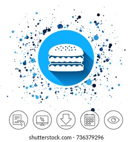 Button on circles background. Hamburger icon. Burger food symbol. Cheeseburger sandwich sign. Calendar line icon. And more line signs. Random circles. Editable stroke. Vector