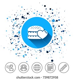 Button on circles background. Hamburger icon. Burger food symbol. Cheeseburger sandwich sign. Calendar line icon. And more line signs. Random circles. Editable stroke. Vector