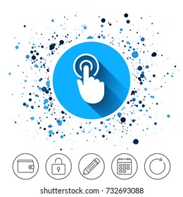 Button on circles background. Hand cursor sign icon. Hand pointer symbol. Calendar line icon. And more line signs. Random circles. Editable stroke. Vector