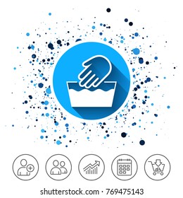 Button on circles background. Hand wash sign icon. Not machine washable symbol. Calendar line icon. And more line signs. Random circles. Editable stroke. Vector