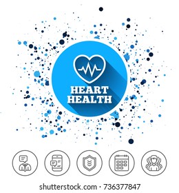 Button on circles background. Heartbeat sign icon. Heart health cardiogram check symbol. Calendar line icon. And more line signs. Random circles. Editable stroke. Vector