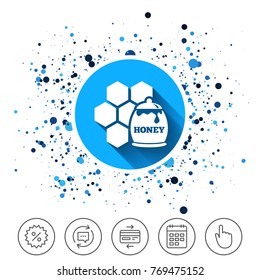 Button on circles background. Honey in pot and honeycomb sign icon. Honey cells symbol. Sweet natural food. Calendar line icon. And more line signs. Random circles. Editable stroke. Vector