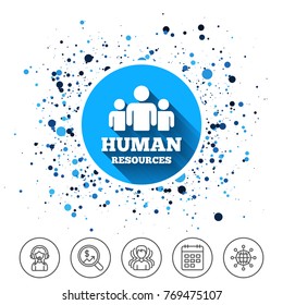 Button on circles background. Human resources sign icon. HR symbol. Workforce of business organization. Group of people. Calendar line icon. And more line signs. Random circles. Editable stroke
