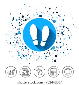 Button on circles background. Imprint soles shoes sign icon. Shoe print symbol. Calendar line icon. And more line signs. Random circles. Editable stroke. Vector