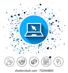 Button on circles background. Laptop sign icon. Notebook pc with cursor pointer symbol. Calendar line icon. And more line signs. Random circles. Editable stroke. Vector