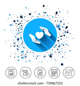 Button on circles background. Life insurance sign icon. Hands protect cover heart symbol. Health insurance. Calendar line icon. And more line signs. Random circles. Editable stroke. Vector