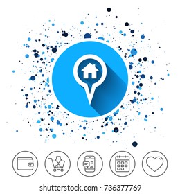 Button on circles background. Map pointer house sign icon. Home location marker symbol. Calendar line icon. And more line signs. Random circles. Editable stroke. Vector