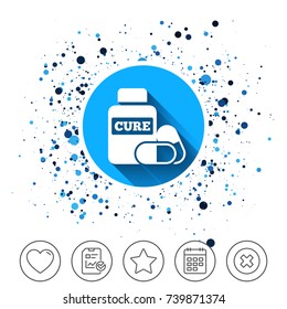 Button on circles background. Medical pills bottle sign icon. Pharmacy medicine drugs symbol. Calendar line icon. And more line signs. Random circles. Editable stroke. Vector