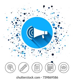 Button on circles background. Megaphone sign icon. Loudspeaker strike symbol. Calendar line icon. And more line signs. Random circles. Editable stroke. Vector