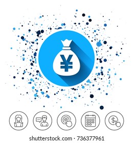 Button on circles background. Money bag sign icon. Yen JPY currency symbol. Calendar line icon. And more line signs. Random circles. Editable stroke. Vector