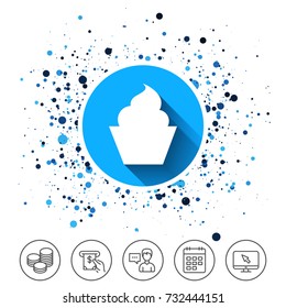 Button on circles background. Muffin sign icon. Cupcake symbol. Calendar line icon. And more line signs. Random circles. Editable stroke. Vector