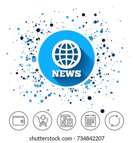 Button on circles background. News sign icon. World globe symbol. Calendar line icon. And more line signs. Random circles. Editable stroke. Vector