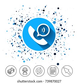 Button on circles background. Phone sign icon. Support symbol. Call center. Speech bubble with smile. Calendar line icon. And more line signs. Random circles. Editable stroke. Vector