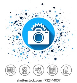 Button on circles background. Photo camera sign icon. Photo flash symbol. Calendar line icon. And more line signs. Random circles. Editable stroke. Vector