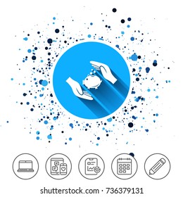 Button on circles background. Piggy bank money sign icon. Hands protect moneybox symbol. Money or savings insurance. Calendar line icon. And more line signs. Random circles. Editable stroke. Vector