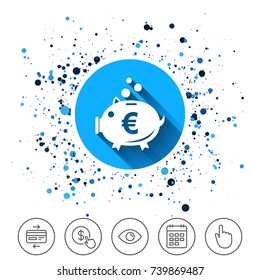 Button on circles background. Piggy bank sign icon. Moneybox euro symbol. Calendar line icon. And more line signs. Random circles. Editable stroke. Vector