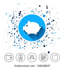 Button on circles background. Piggy sign icon. Pork symbol. Calendar line icon. And more line signs. Random circles. Editable stroke. Vector