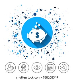 Button on circles background. Piggy bank sign icon. Moneybox dollar symbol. Calendar line icon. And more line signs. Random circles. Editable stroke. Vector