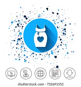 Button on circles background. Pregnant woman dress sign icon. Maternity with heart clothing symbol Calendar line icon. And more line signs. Random circles. Editable stroke. Vector