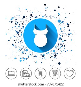 Button on circles background. Pregnant woman shirt sign icon. Maternity symbol Calendar line icon. And more line signs. Random circles. Editable stroke. Vector